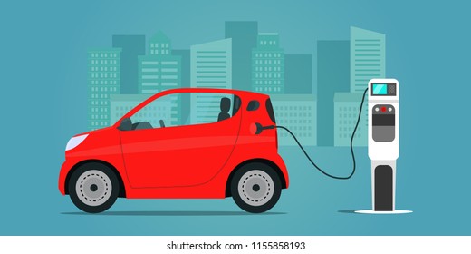 Red сompact electric car. Electric car is charging, side view. Vector flat illustration