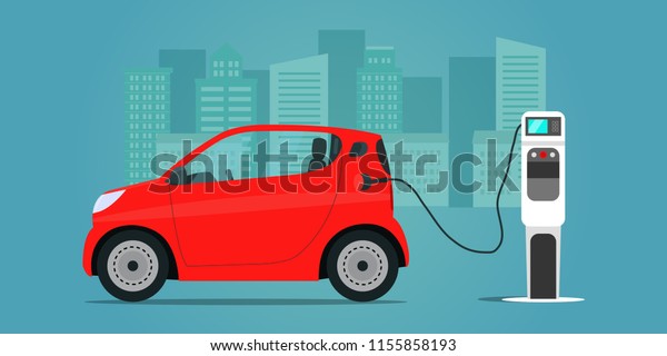 Red сompact electric car. Electric car\
is charging, side view. Vector flat\
illustration