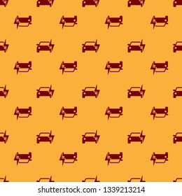 Red Electric car and electrical cable plug charging icon isolated seamless pattern on brown background. Renewable eco technologies. Flat design. Vector Illustration