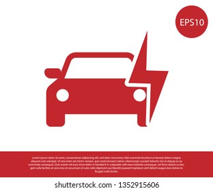 Red Electric car and electrical cable plug charging icon isolated on white background. Renewable eco technologies. Vector Illustration