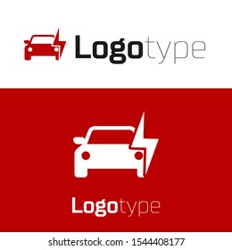 Red Electric car and electrical cable plug charging icon isolated on white background. Renewable eco technologies. Logo design template element. Vector Illustration