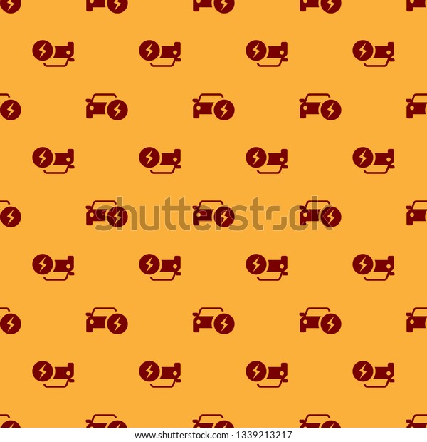 Red Electric car and\
electrical cable plug charging icon isolated seamless pattern on\
brown background. Renewable eco technologies. Flat design. Vector\
Illustration