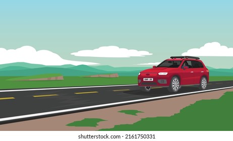 Red electric car for the family travel trip to nature. Driver came alone on the asphalt road. Road cuts across the vast plains with a complex mountainous background. Under blue sky and white clouds.