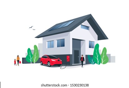 Rotes elektrisches Parkhaus Ladestation an der Wand Ladestation auf dem Haus mit einem Mann. Solarpaneele für erneuerbare Energien auf dem Dach. Familie, die mit ev lebt. Einzige Vektorillustration auf weißem Hintergrund. 