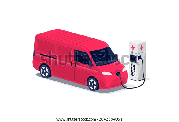 Red electric cargo van charging parking at the\
charger station with a plug in cable. Isolated flat vector of\
shipping truck lorry logistic freight car. Electrified\
transportation delivery\
e-motion.