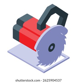 Red electric circular saw cutting a wood plank, isometric view
