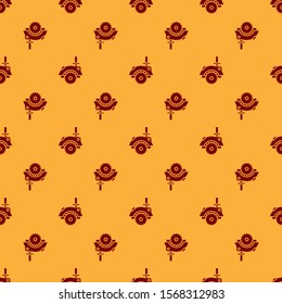 Red Electric circular saw with steel toothed disc icon isolated seamless pattern on brown background. Electric hand tool for cutting wood or metal.  Vector Illustration
