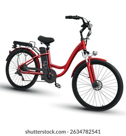Red electric city bike with step-through frame built-in battery rear rack and front suspension fork Isolated on white background Ideal for urban mobility eco transport ads product catalogs and web