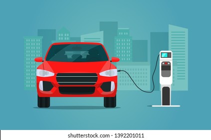 Red electric compact CUV isolated. Electric car is charging, front view. Vector flat illustration.