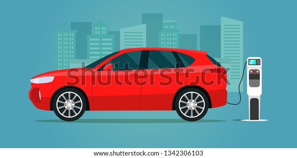 Red electric compact CUV isolated. Electric\
car is charging, side view. Vector flat illustration. Vector flat\
style illustration.