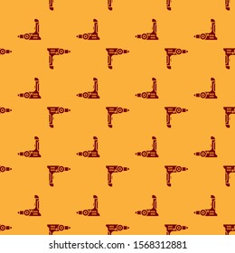 Red Electric drill machine icon isolated seamless pattern on brown background. Repair tool.  Vector Illustration