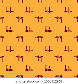 Red Electric drill machine icon isolated seamless pattern on brown background. Repair tool.  Vector Illustration