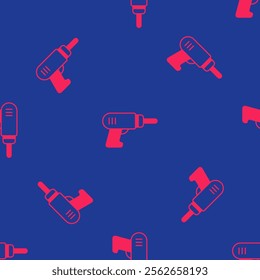 Red Electric drill machine icon isolated seamless pattern on blue background. Repair tool.  Vector