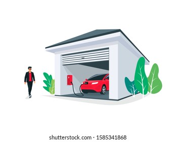 Red Electric Ev Car Parking Charging At House Garage Wall Box Charger Station Stand At Home. Smart Battery Energy Storage System. Isolated Vector Illustration On White Background. 