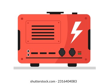 Red electric generator back view concept. Electricity from diesel or fuel. Autonomous energy source for shop or private house. Cartoon flat vector illustration isolated on white background