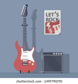 Red electric guitar with an amplifier