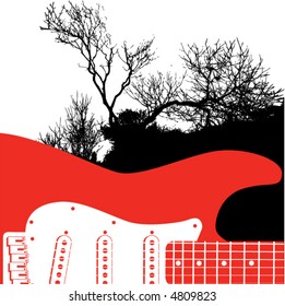 A red electric guitar becomes part of this stark landscape