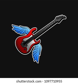 Red electric guitar with blue wings. Rock n roll or music theme. Vector design for promo poster, sticker or card