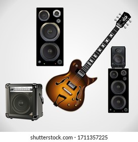 Red electric guitar and classic amplifier and speakers on a white background