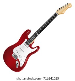 Red electric guitar, classic.
Realistic 3D image. Vector detailed illustration isolated on a white background.
