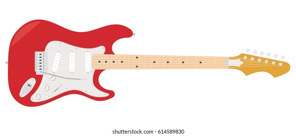 Red electric guitar with strings isolated on white background.