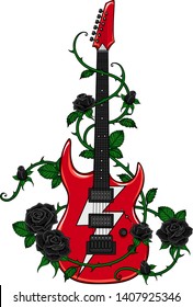 Red electric guitar with white lightning and black roses. Vector isolated on white background.