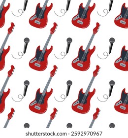 Red electric guitars and microphones in a vibrant repeating pattern