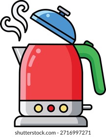 Hervidor eléctrico rojo con tapa azul y mango verde al vapor