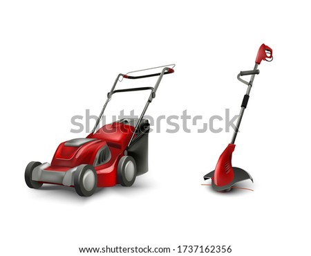 red electric lawn mower and trimmer for garden gazon. Vector lawn mowing machine.