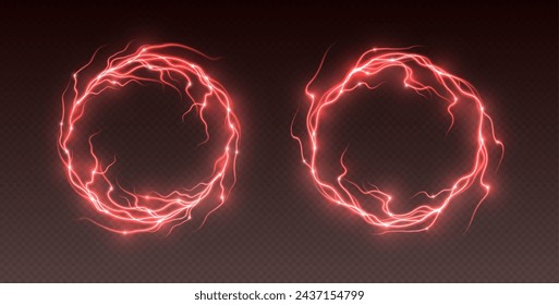 Marcos de rayos eléctricos rojos, borde redondo de tormenta, rayos realistas, explosión de energía flash aislado en fondo oscuro. Ilustración vectorial.