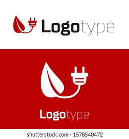 Red Electric saving plug in leaf icon isolated on white background. Save energy electricity icon. Environmental protection icon. Bio energy. Logo design template element. Vector Illustration