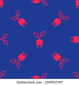 Red Electric saving plug in leaf icon isolated seamless pattern on blue background. Save energy electricity. Environmental protection. Bio energy.  Vector