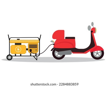 a red electric scooter is charged from a diesel generator