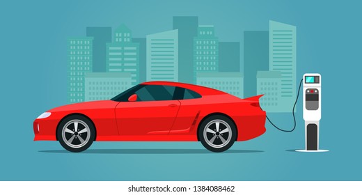 Red electric sportcar isolated. Electric car is charging, side view. Vector flat style illustration.
