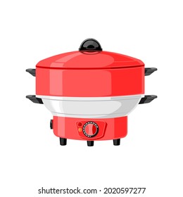 Red electric steamer on a white background Kitchen utensils for cooking icons vector.