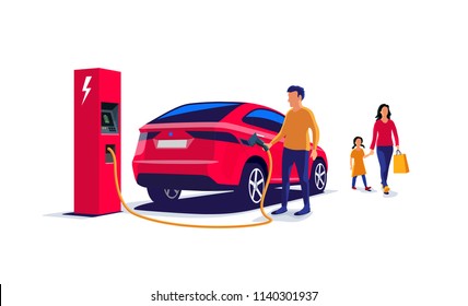 Red electric suv family car charging at the charger station. Father holding the cable and mother with child coming from shopping. Isolated flat vector illustration on white background.