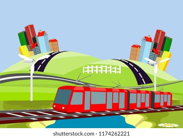 Red electric train, countryside, urban buildings, vector art