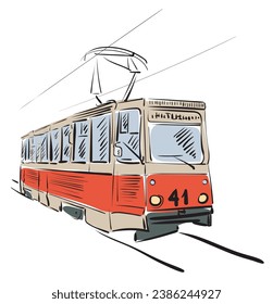 A red electric tram on a city street rides on rails. The old town where trams still run. Vector drawing as if drawn from a painting.