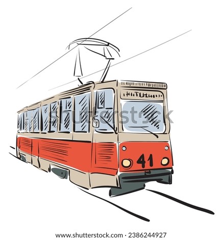 A red electric tram on a city street rides on rails. The old town where trams still run. Vector drawing as if drawn from a painting.