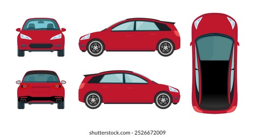 Red Electric Vehicles and Cars: Detailed Views from All Angles - Front, Back, Top, Rear, and Side - Vector Graphics