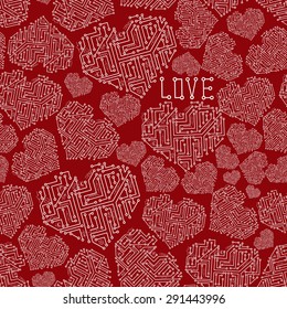 red electrical circuit board heart symbol seamless pattern eps10
