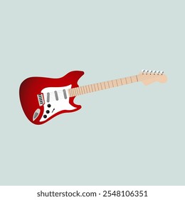 Un Vector de guitarra eléctrica roja, ilustración sobre fondo aislado en azul. Un icono rojo de guitarra de metal de rock sobre fondo azul claro.