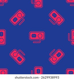 Red Electrical outlet icon isolated seamless pattern on blue background. Power socket. Rosette symbol.  Vector
