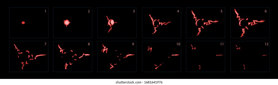 Red Electricty Lightning Animation, Electricity Fairing Animation. Spark Animation Explosion. Sprite Sheet For Game, Cartoon Or Animation- Vector