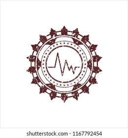 Red electrocardiogram icon inside distress rubber stamp