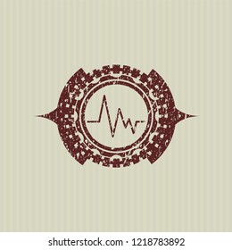 Red electrocardiogram icon inside distressed rubber seal with grunge texture