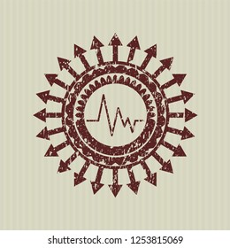 Red electrocardiogram icon inside rubber seal with grunge texture