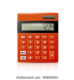 Red electronic calculator isolated on white background.