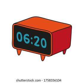 Red electronic clock alarm with numbers on the screen.