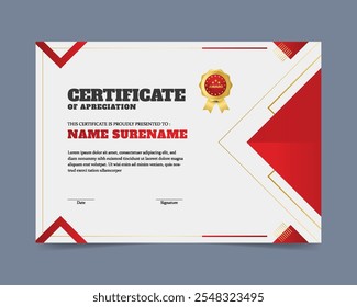 Red elegant certificate template with badge design